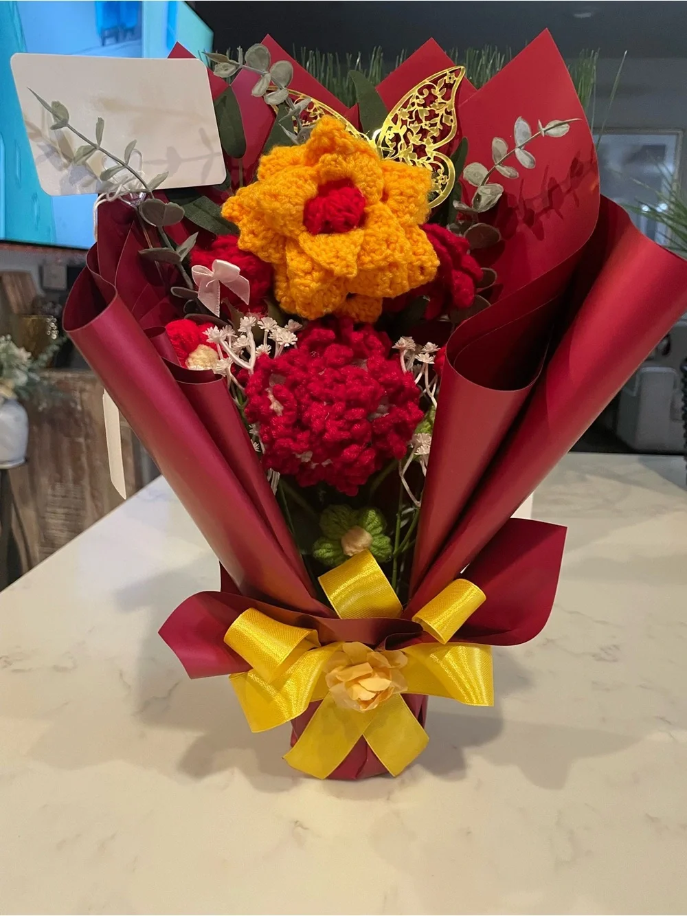 Handmade Yellow & Red Floral Bouquet - Home Accents